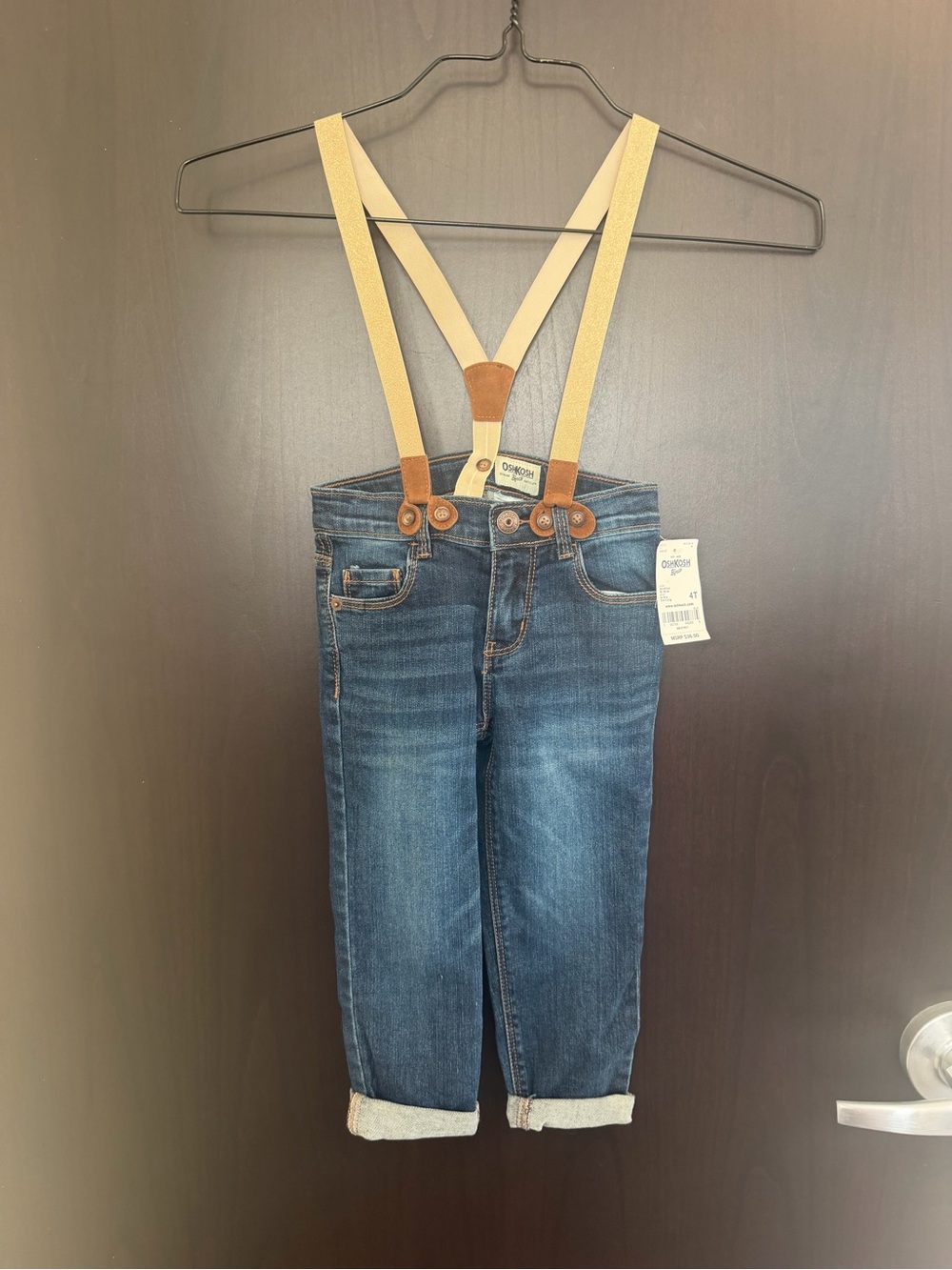 OshKosh B'gosh Dark Blue Denim Jeans Tan Gold Sparkle Suspenders 4T NWT Unisex